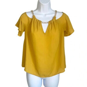 Charmed by Eve Women's Mustard Yellow Cold Shoulder Chain Detail Blouse Size M